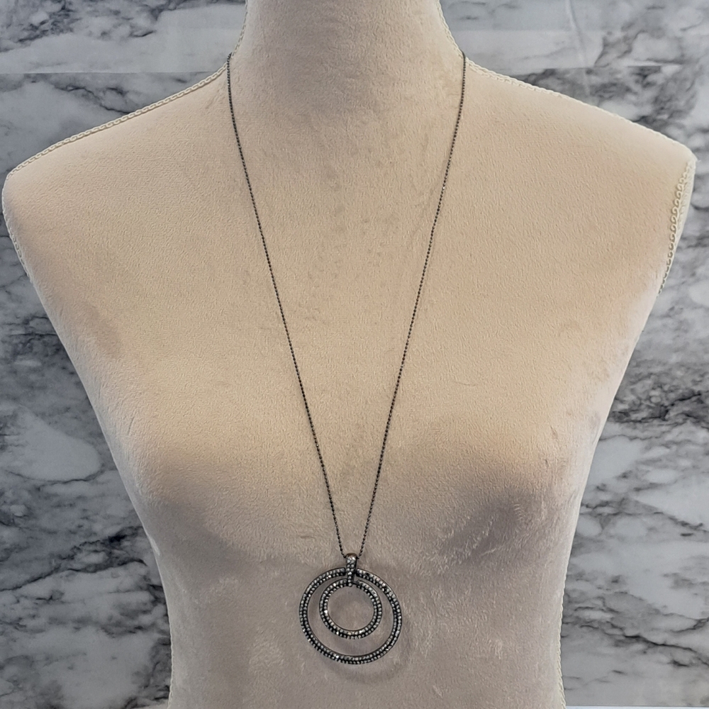 C1946 Tone/Gunmetal Long Necklace Double Circle Pendant Faux Rhinestones